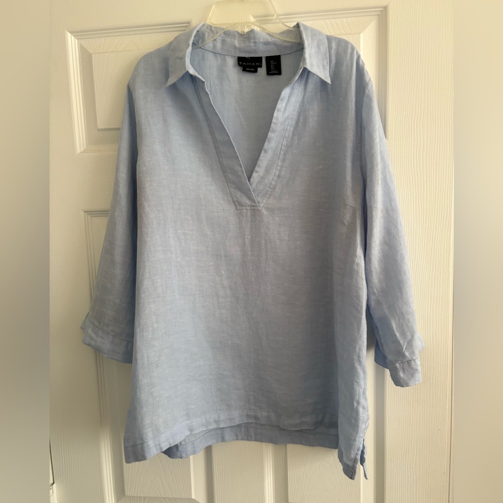 Tahari Sky Blue Linen Top
